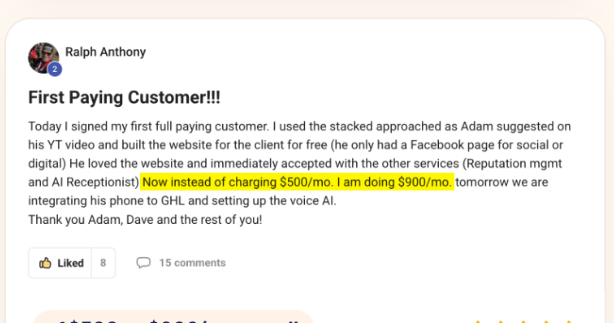 Ralph Anthony community win: $500 → $900/mo upsell