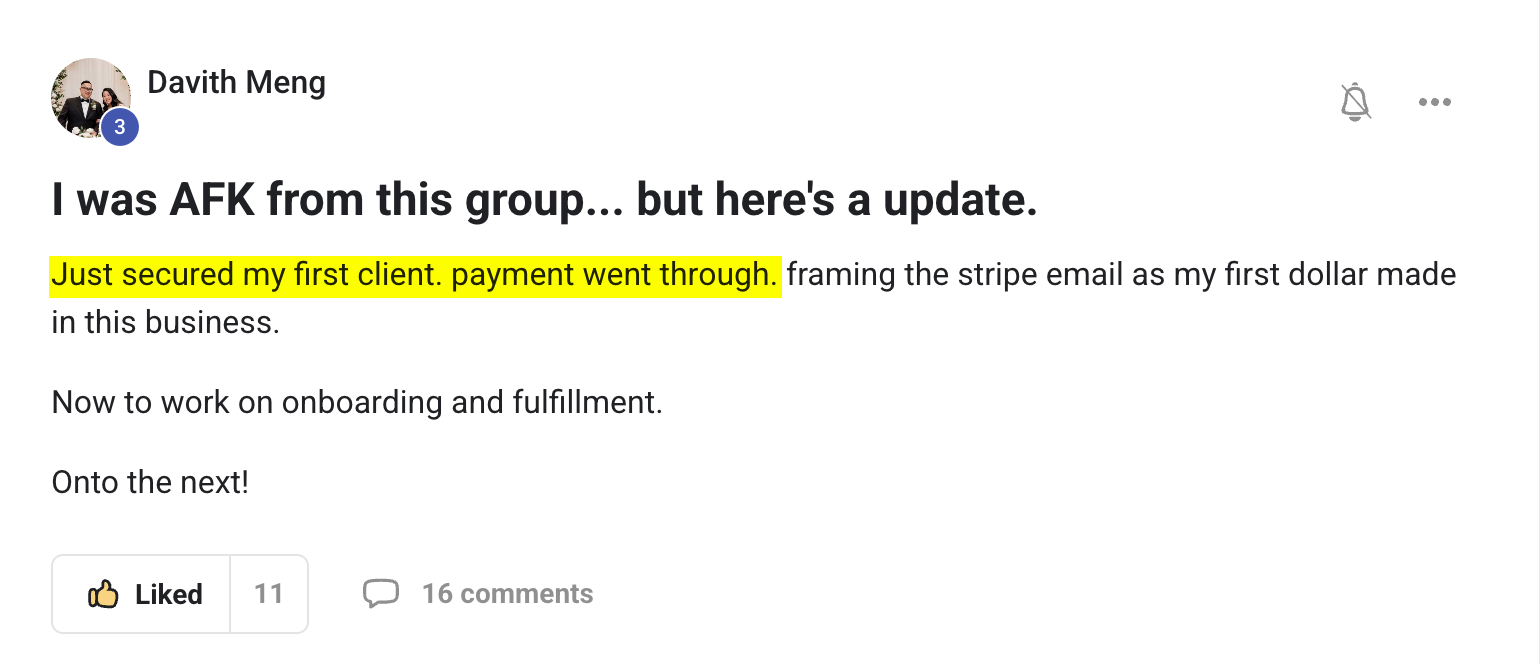 Davith Meng community win: First client, payment through