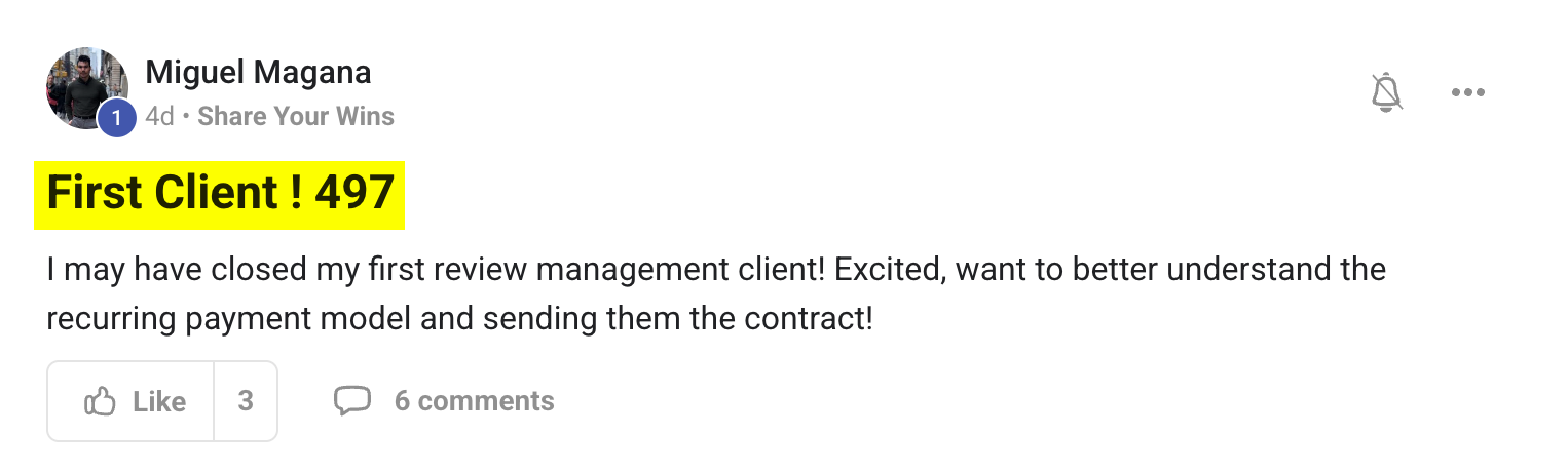 Miguel Magana community win: First review management client